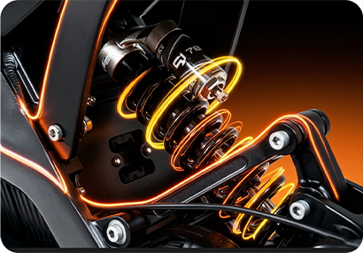 Détail de la suspension arrière Falcon Lite avec reflets orange