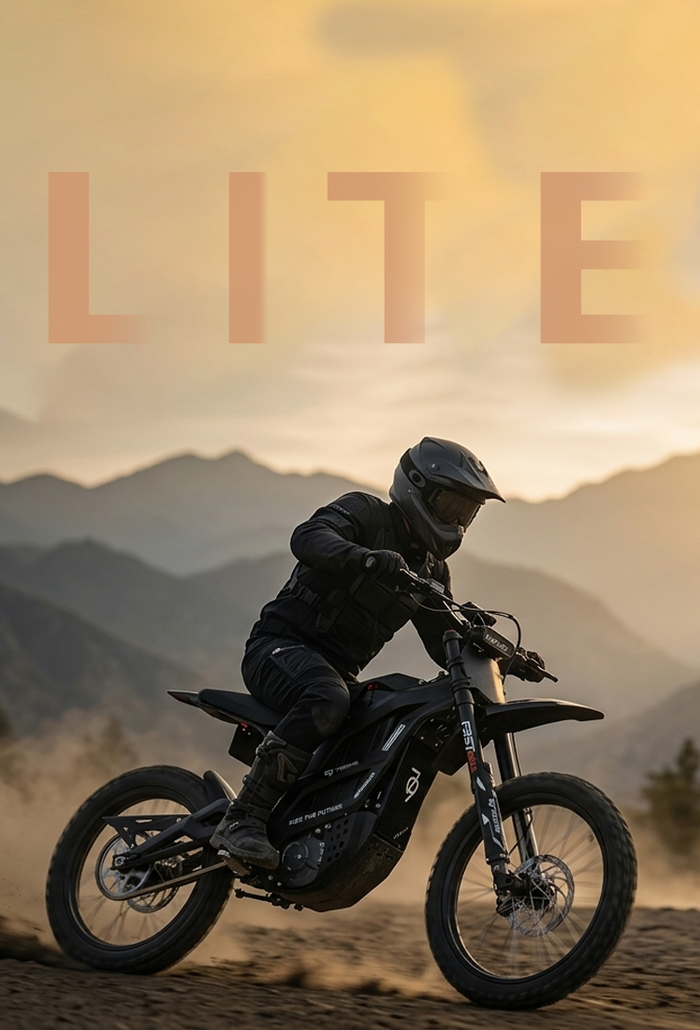 Falcon Lite noire en action sur un sentier montagneux au coucher du soleil
