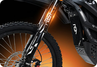 Fourche avant Falcon Lite avec logo orange sur fond sombre